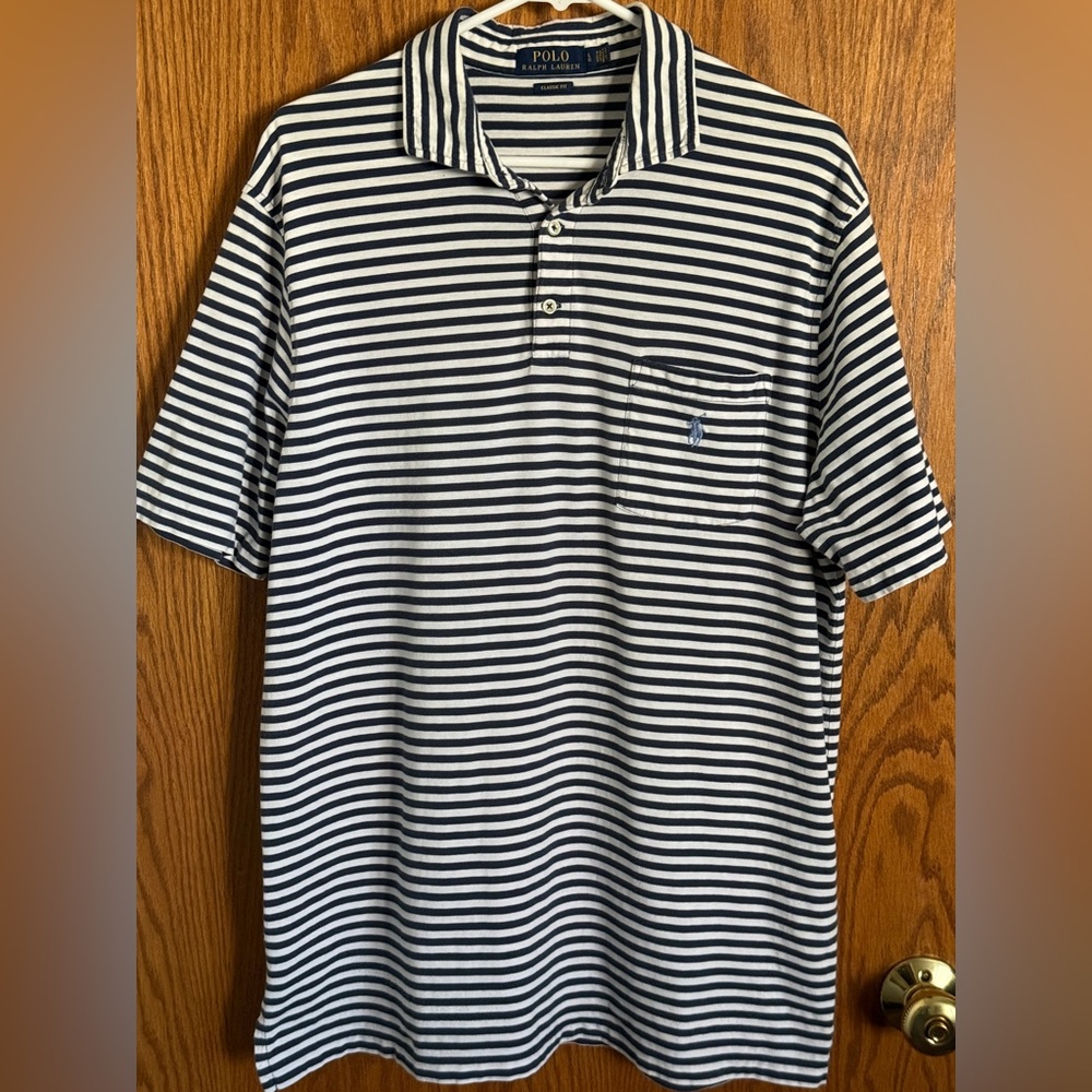 Polo Ralph Lauren Striped Polo Shirt Navy Blue / White Classic Fit Men's Size Lg